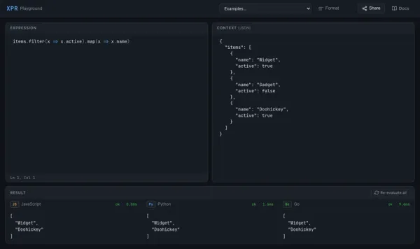 The XPR playground evaluating items.filter(x => x.active).map(x => x.name) against a three-item JSON context, with the JavaScript, Python and Go runtimes each returning the identical result of Widget and Doohickey in 0.0ms, 1.6ms and 9.6ms respectively.