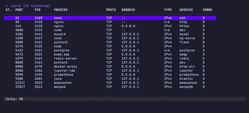 Cycling the sort column through port, PID and process, then merging duplicate IPv4 and IPv6 rows for the same listener into one.