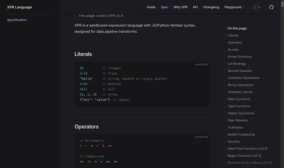 The XPR language specification page covering literals and operators, alongside a contents list running from arrow functions and let bindings through the pipe operator, regex functions and negative array indexing.